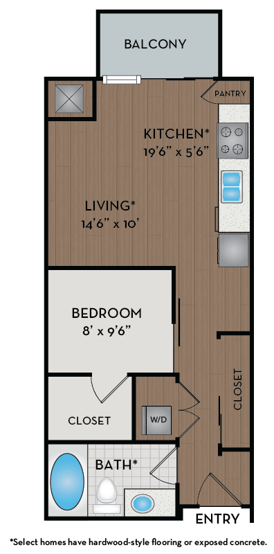 A floor plan of a home with a balcony, kitchen, living room, bedroom, bathroom, closet, and entry.